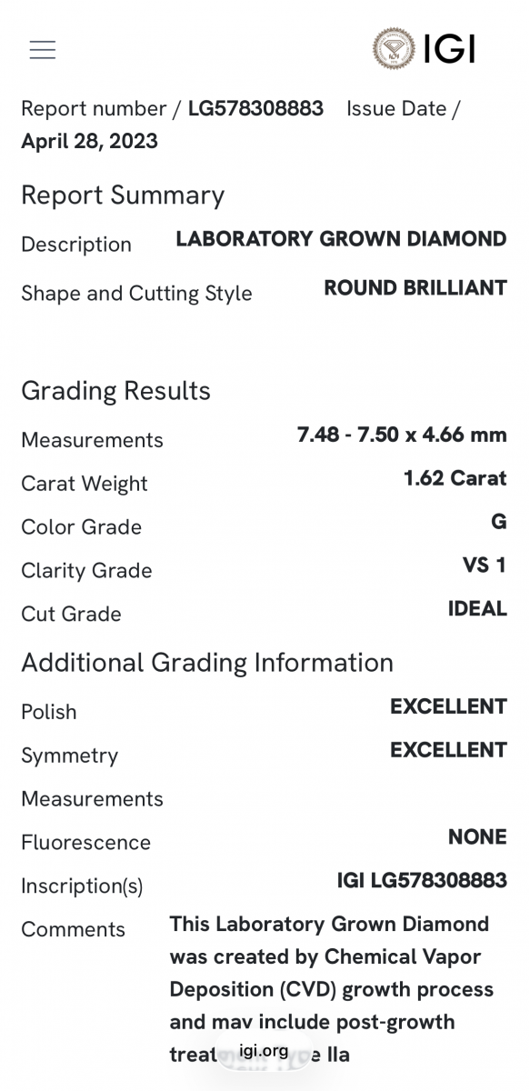Lab-Grown Solitair ring 1.62crt